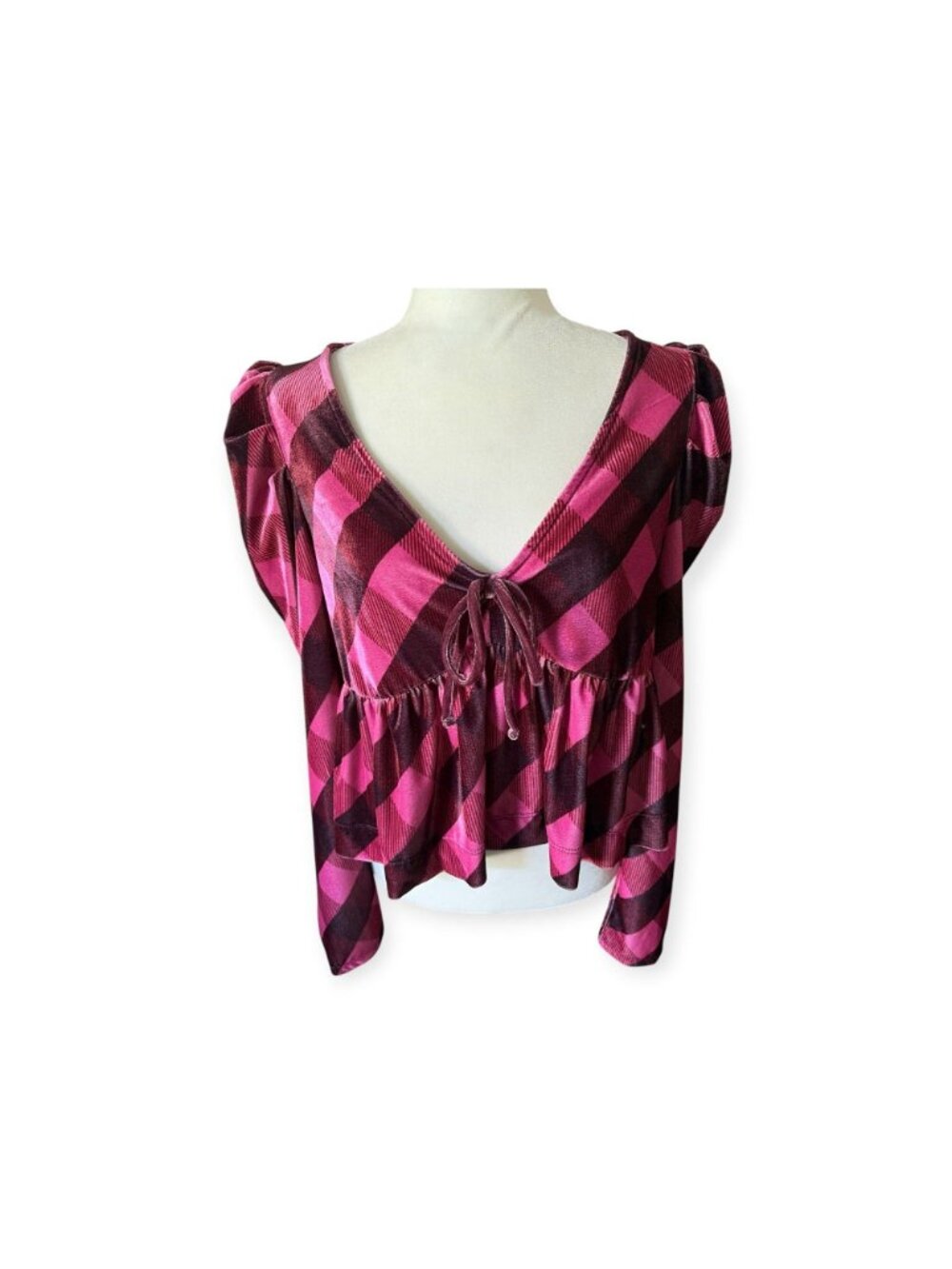 Anthropologie Maeve Velvet Plaid Babydoll Blouse Pink Goth Whimsygoth Grunge L - Picture 2 of 10